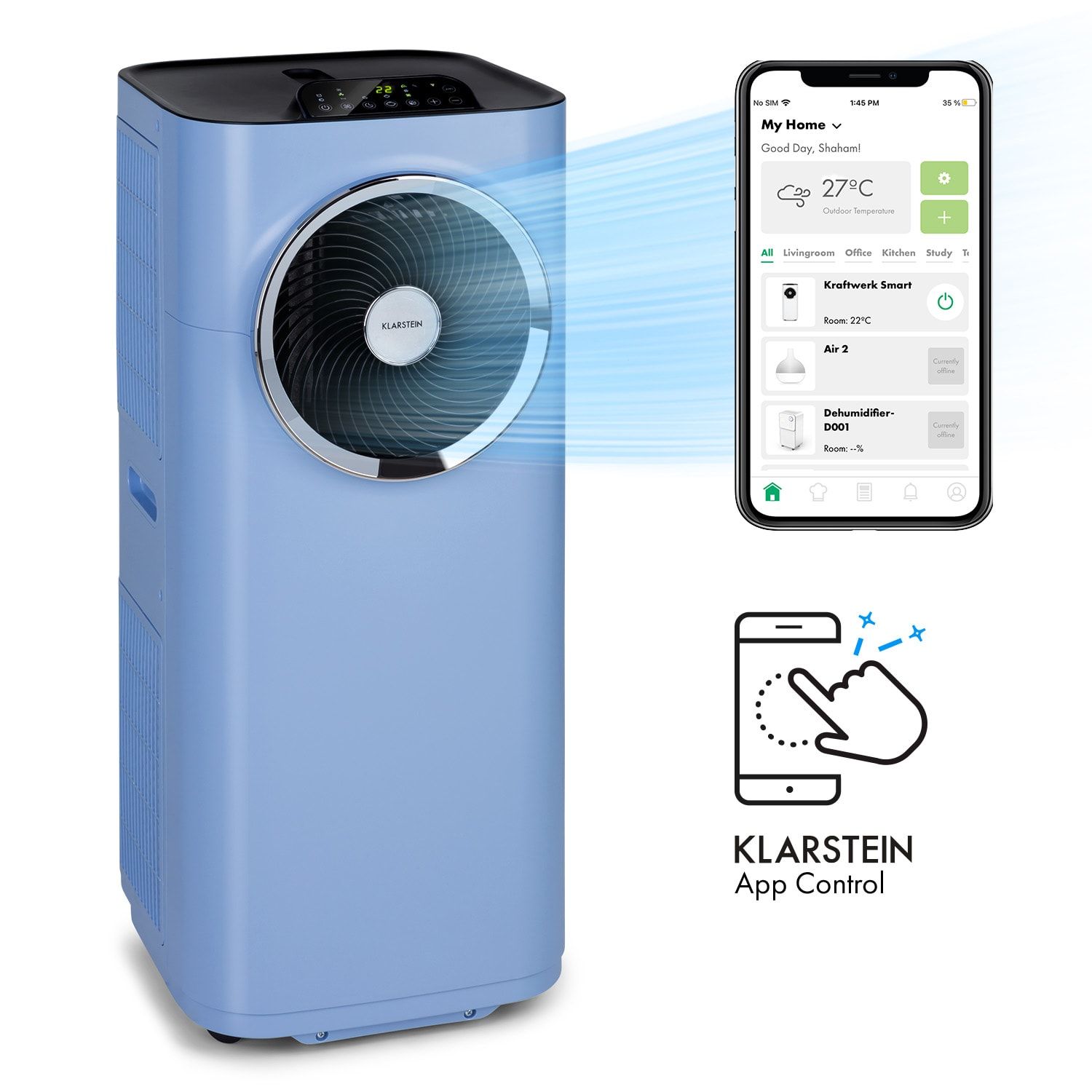 Klarstein Kraftwerk Smart 12K, mobilná klimatizácia, 3 v 1, 12000 BTU, ovládanie cez aplikáciu, diaľkový ovládač