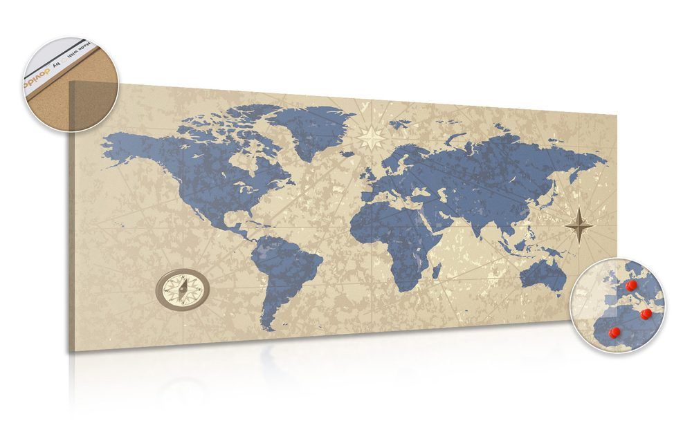 Obraz na korku mapa sveta s kompasom v retro štýle - 100x50  transparent