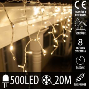 Vianočná led svetelná záclona na spájanie vonkajšia - programy - časovač + diaľkový ovládač - 500led - 20m teplá biela