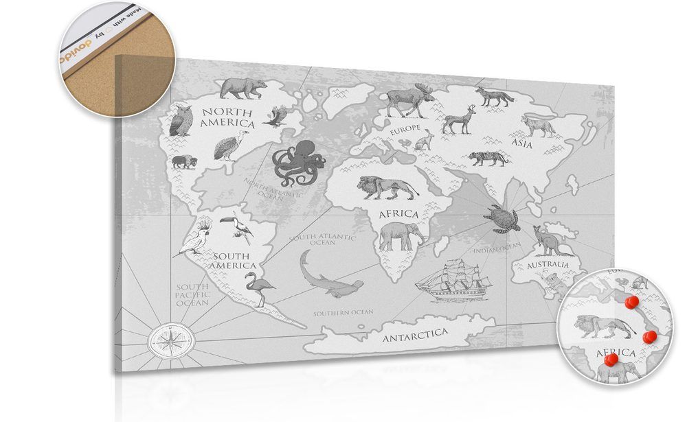 Obraz na korku čiernobiela mapa sveta so zvieratami - 120x80  smiley