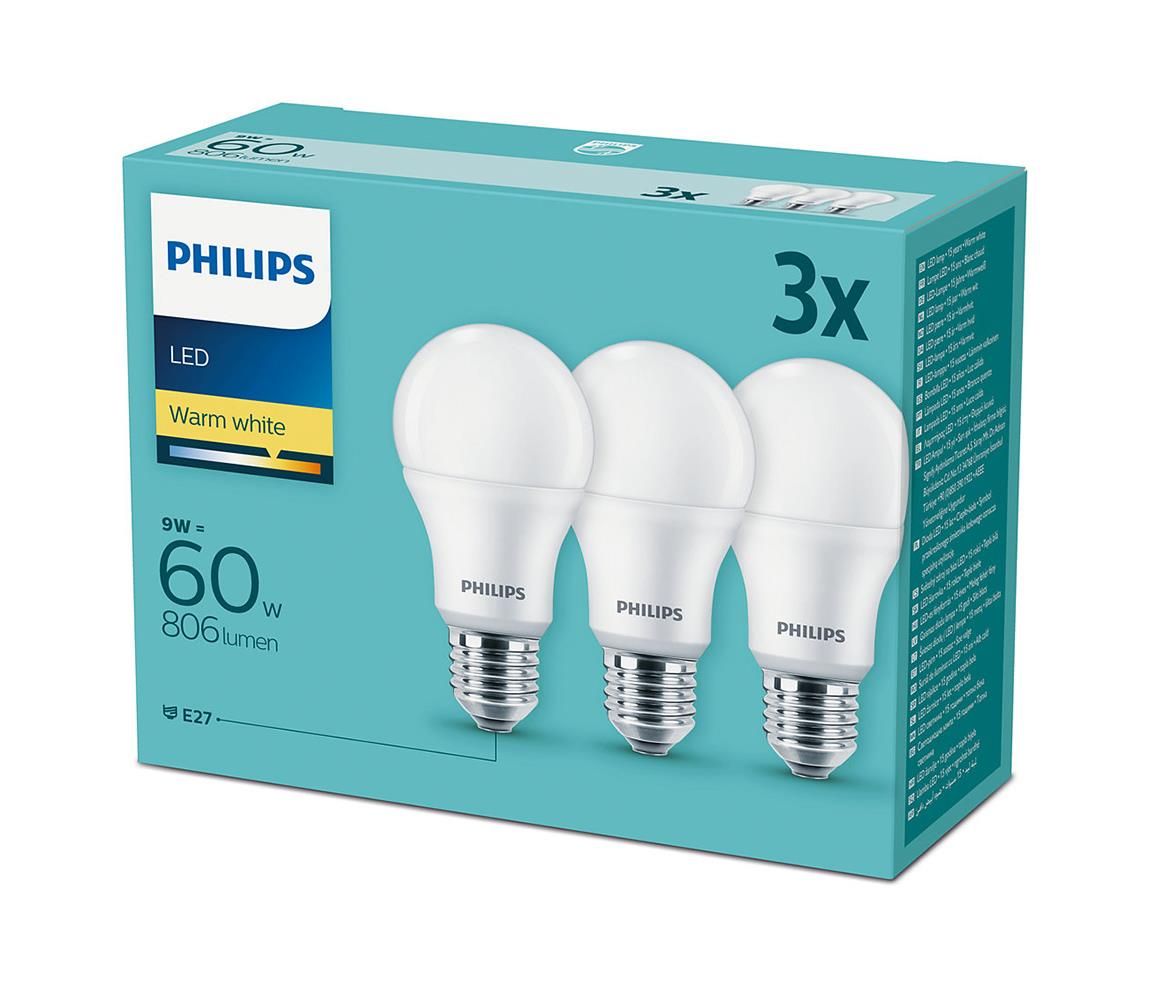 Sada 3x LED Žiarovka Philips E27/9W/230V 2700K