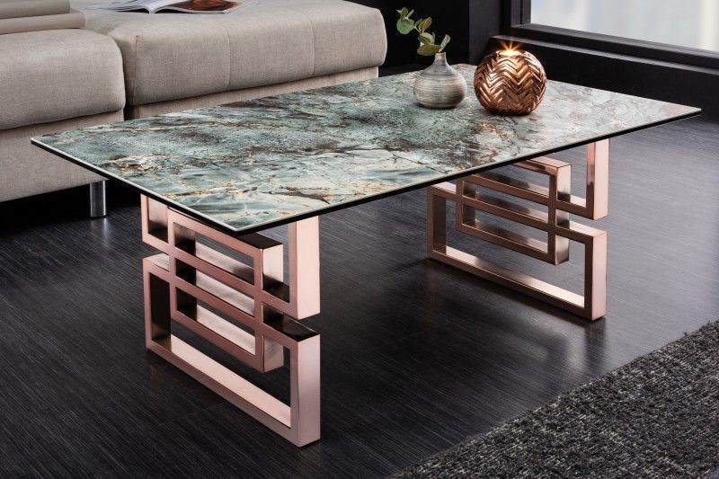 Estila Art-deco luxusný konferenčný stolík Ariana s tyrkysovou doskou s mramorovým dizajnom a ružovo zlatou podstavou 100cm