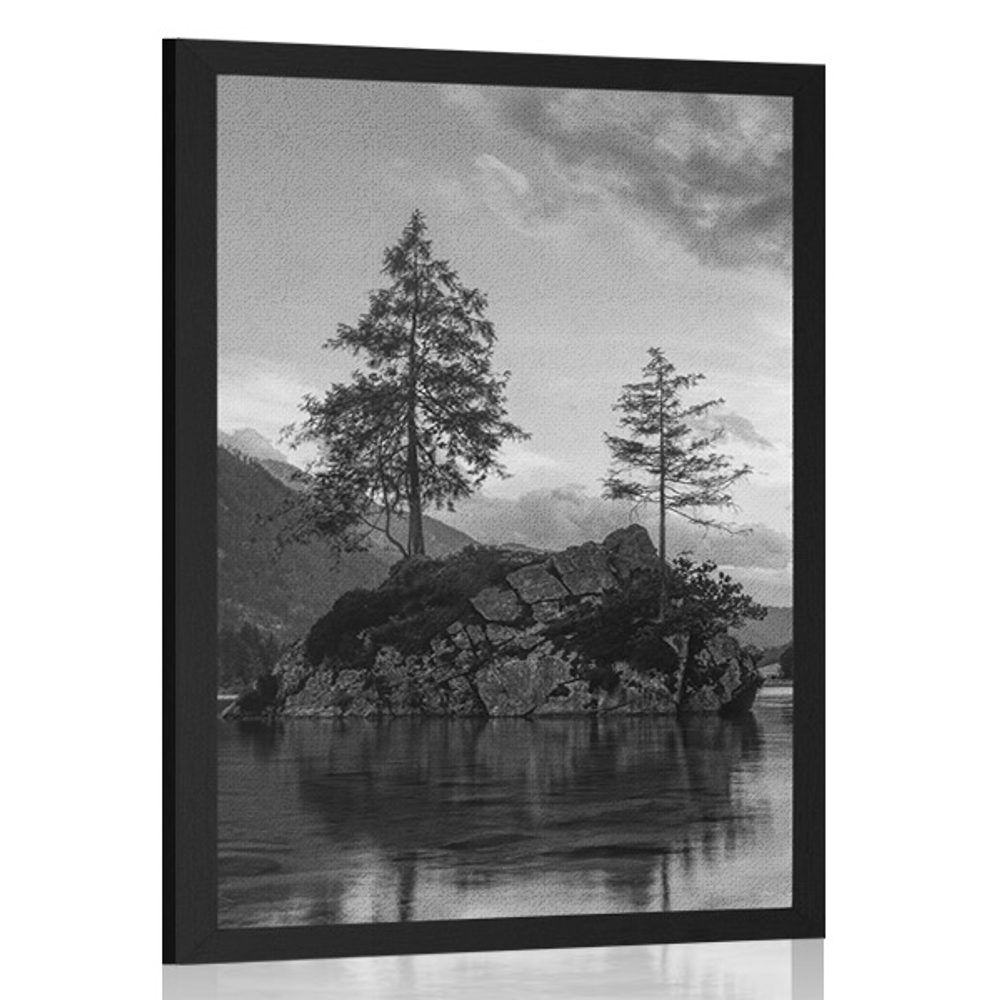 Plagát čiernobiela horská krajina pri jazere - 40x60 black