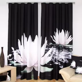 Krásny čierny záves 3D do obývačky s bielymi leknami