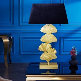 Estila Glamour dizajnová stolná lampa Ginko so zlatou kovovou ozdobnou podstavou a čiernym tienidlom 78cm