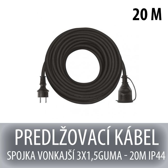 Predlžovací kábel spojka vonkajší 3x1,5 guma - 20m čierny ip44