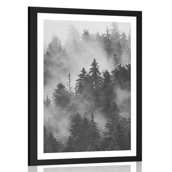 Plagát s paspartou hory v hmle v čiernobielom prevedení - 60x90 black