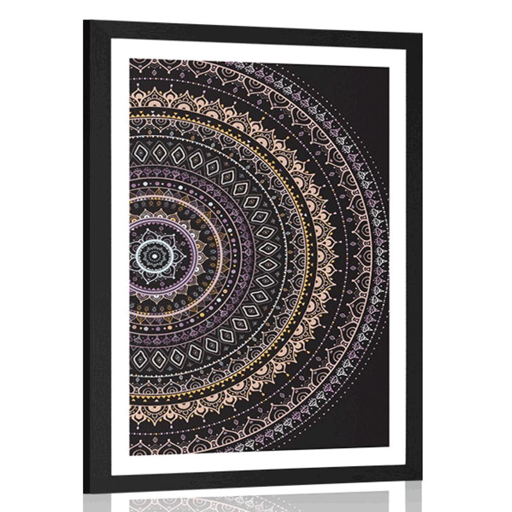 Plagát s paspartou Mandala so vzorom slnka vo fialových odtieňoch - 60x90 black