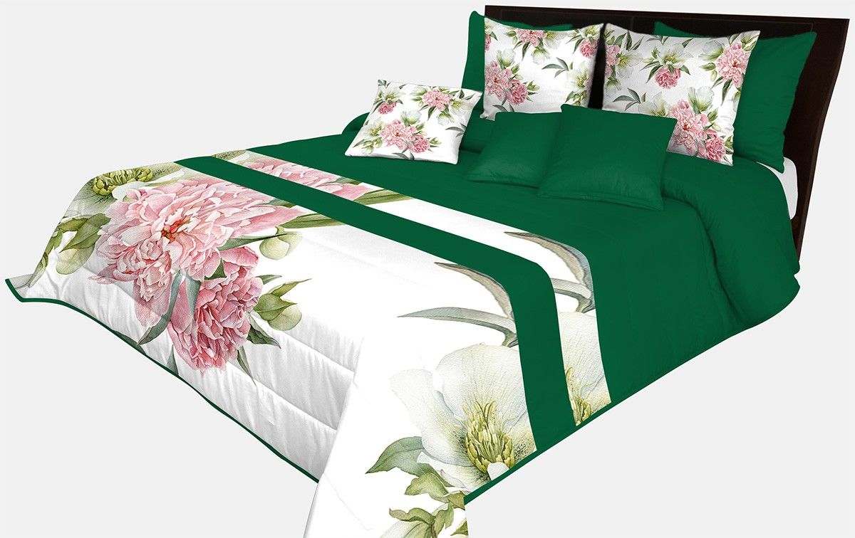 DomTextilu Prehoz na posteľ v zelenej farbe s potlačou veľkej ružovej kvetiny Šírka: 220 cm | Dĺžka: 240 cm 65865-239560