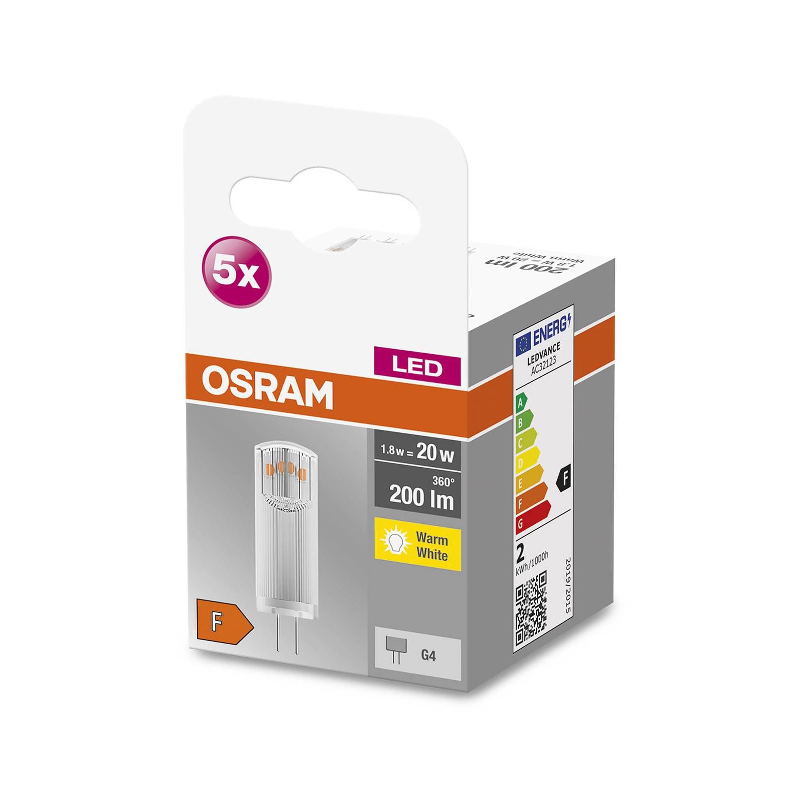OSRAM Base PIN LED s kolíkom G4 1, 8W 200 lm 5ks, plast, G4, 1.8W, Energialuokka: F, P: 3.6 cm