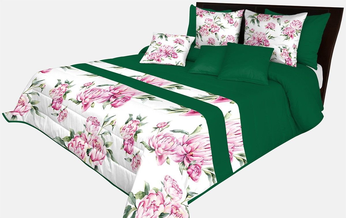 DomTextilu Prehoz na posteľ v krásnej zelenej farbe s potlačou ružových kvetín a zelených listov Šírka: 170 cm | Dĺžka: 210 cm 65868-239579