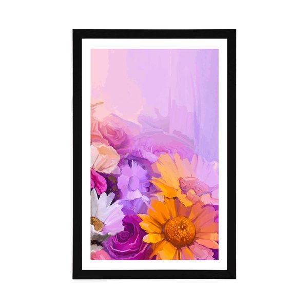 Plagát s paspartou olejomaľba pestrofarebných kvetov - 60x90 silver