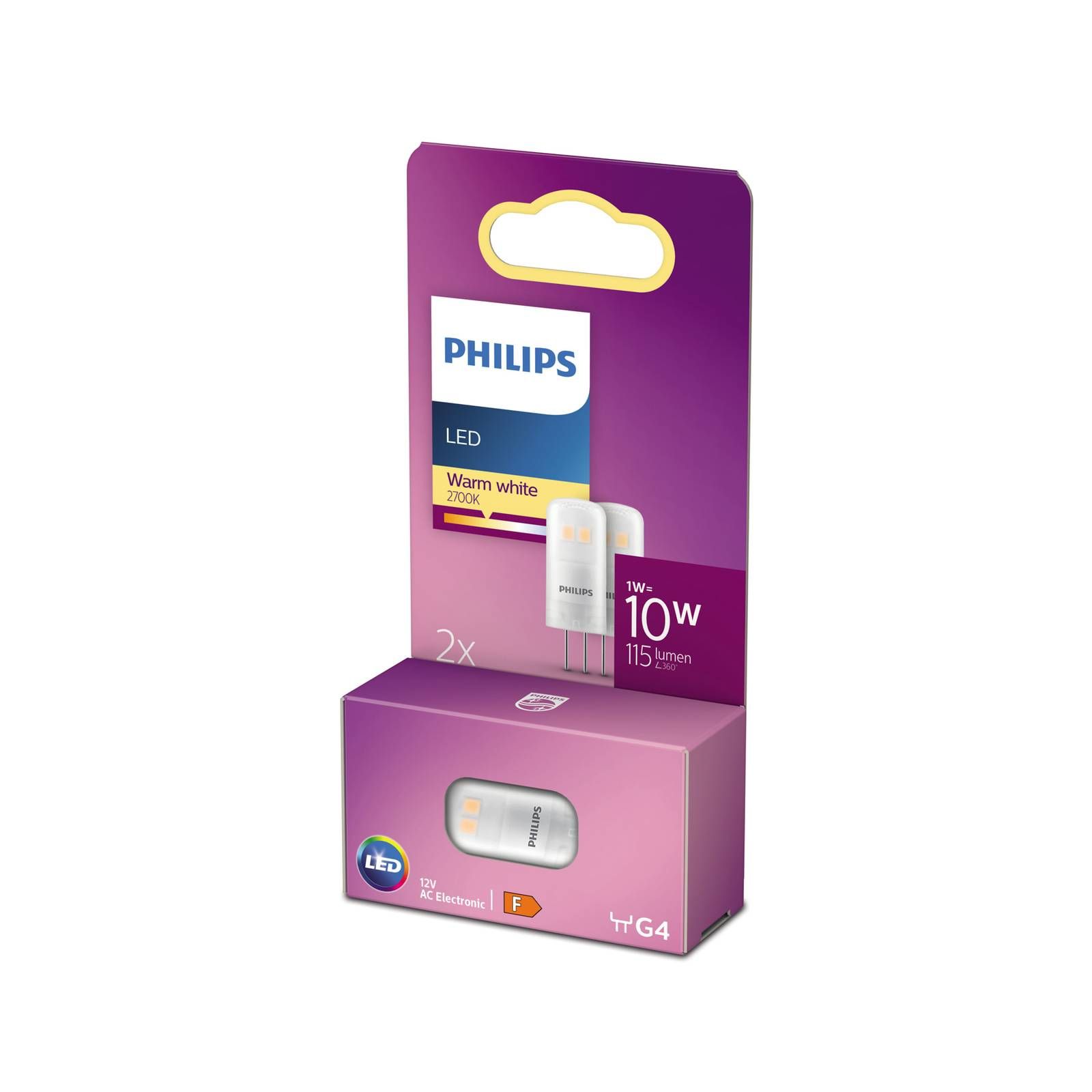 Philips kolíková LED G4 1 W 827 v balení 2 kusy, plast, G4, 1W, Energialuokka: F, P: 3.5 cm, L: 1.3 cm