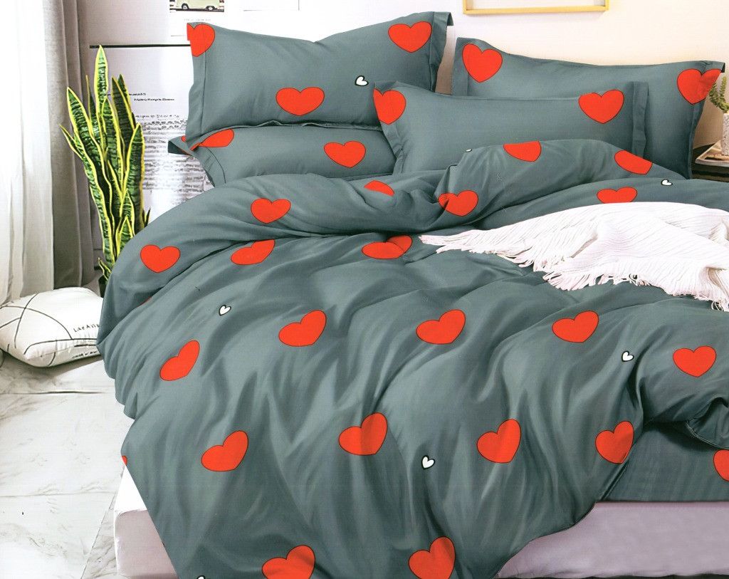 DomTextilu Krásne posteľné prádlo z mikrovlákna v silno sivej farbe s červenými srdiečkami 4 časti: 1ks 200x220 + 2ks 70 cmx80 + plachta 24394-217924
