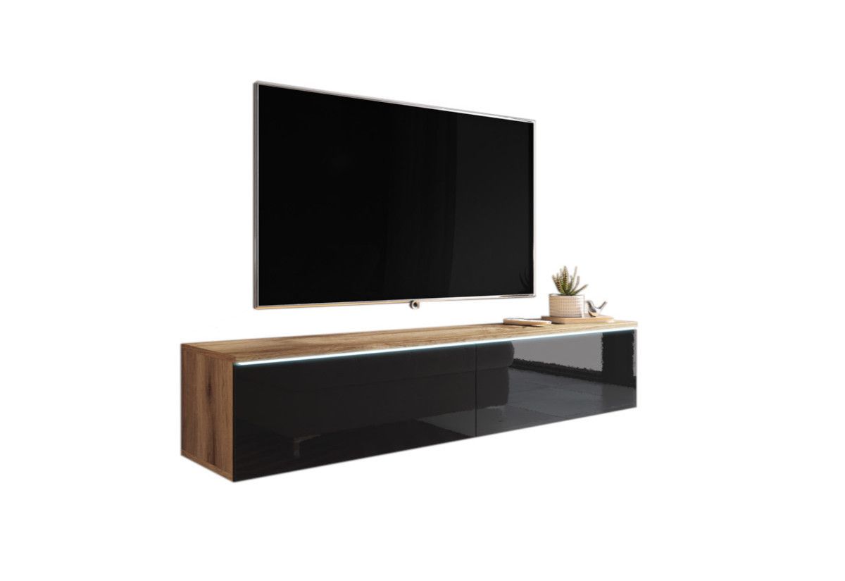 Expedo TV stolík MENDES D 140, 140x30x32, dub wotan/čierna lesk + LED