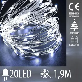 Vianočná led svetelná mikro reťaz na batérie - 20led - 1,9m studená biela