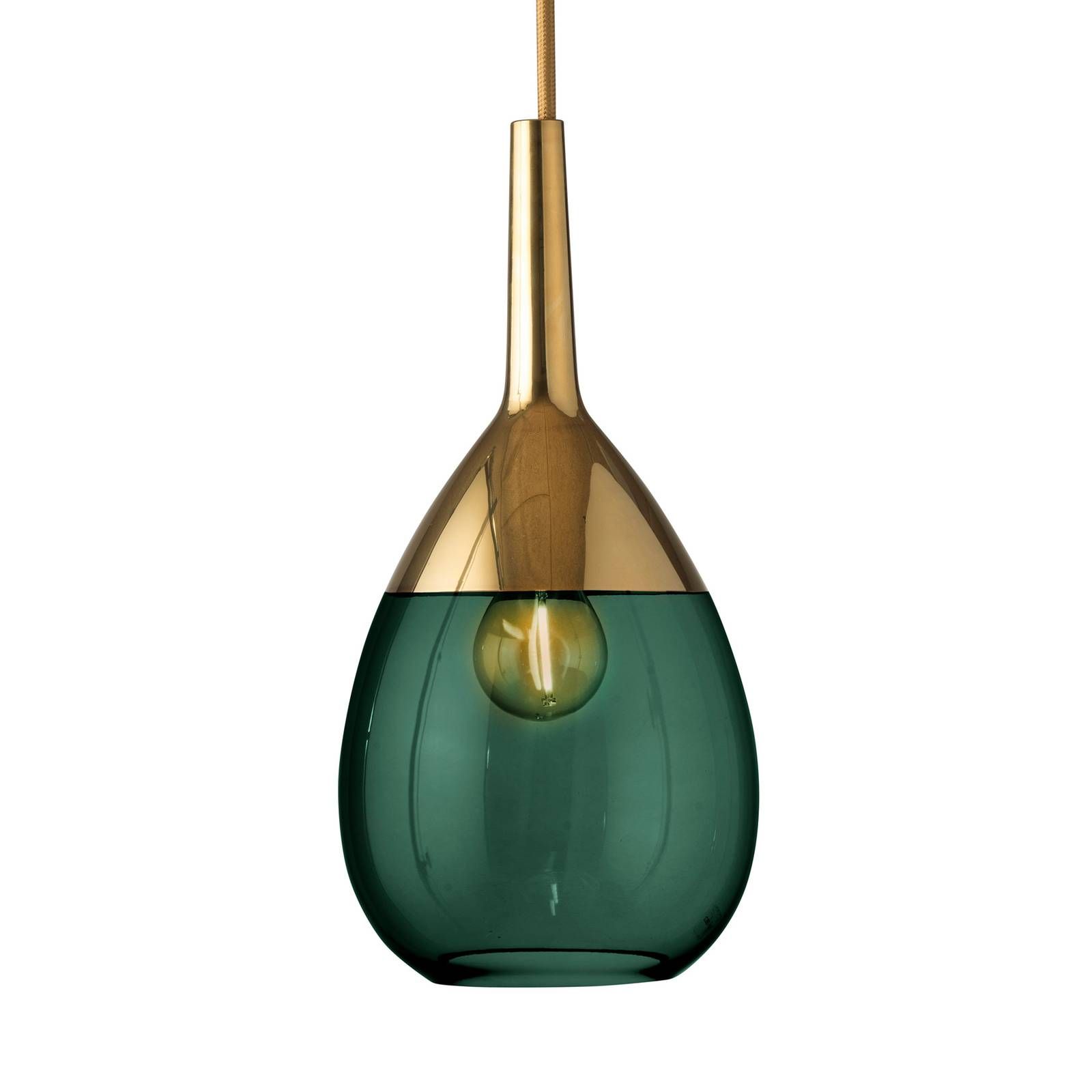 EBB & FLOW Lute S závesná lampa, zlatá, zelená, Obývacia izba / jedáleň, sklo, kov, textil, E14, 25W, K: 27cm
