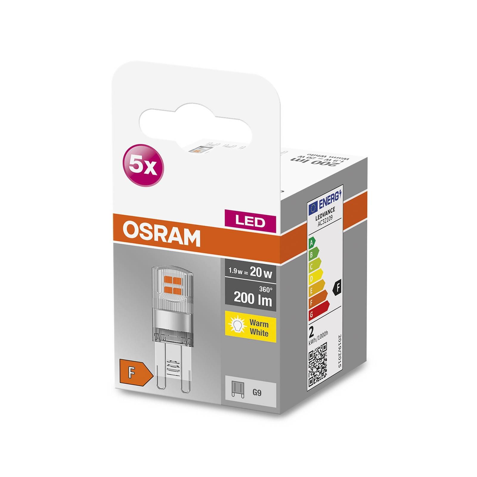 OSRAM Base PIN LED s kolíkom G9 1, 9 W 2 700 K 5 ks, plast, G9, 1.9W, Energialuokka: F, P: 4.6 cm