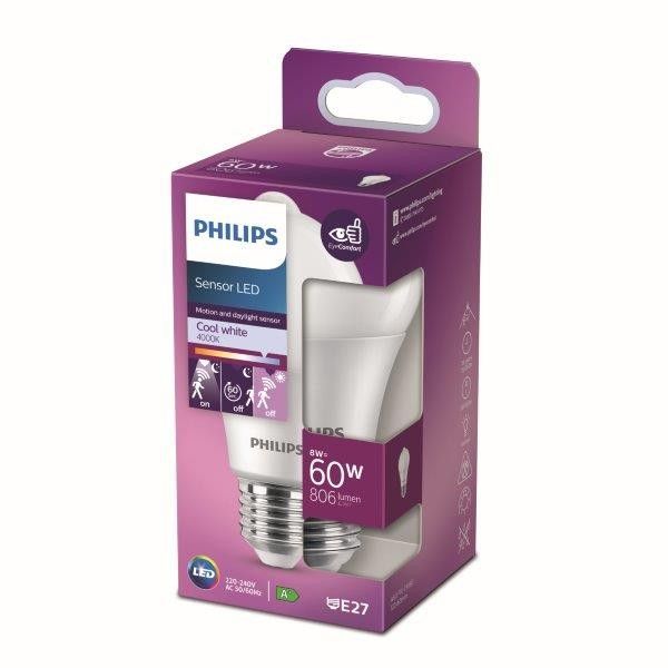 Philips 8718699782757 LED žiarovka 1x8W | E27 | 806lm | 4000K - studená biela, so senzorom, matná biela, EyeComfort