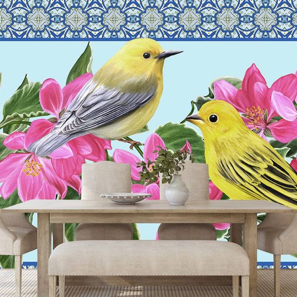Tapeta vtáčiky a kvety vo vintage prevedení - 450x300
