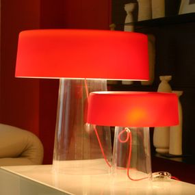 Prandina Glam stolová lampa 36 cm číra/červená, Obývacia izba / jedáleň, ručne fúkané sklo, G9, 40W, K: 36cm