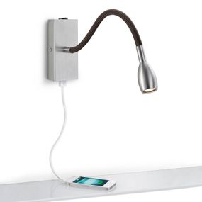 Knapstein Nástenné LED svietidlo Milos nikel USB nabíjačka, Spálňa, kov, textil, 2.6W, L: 5.5 cm, K: 12.6cm