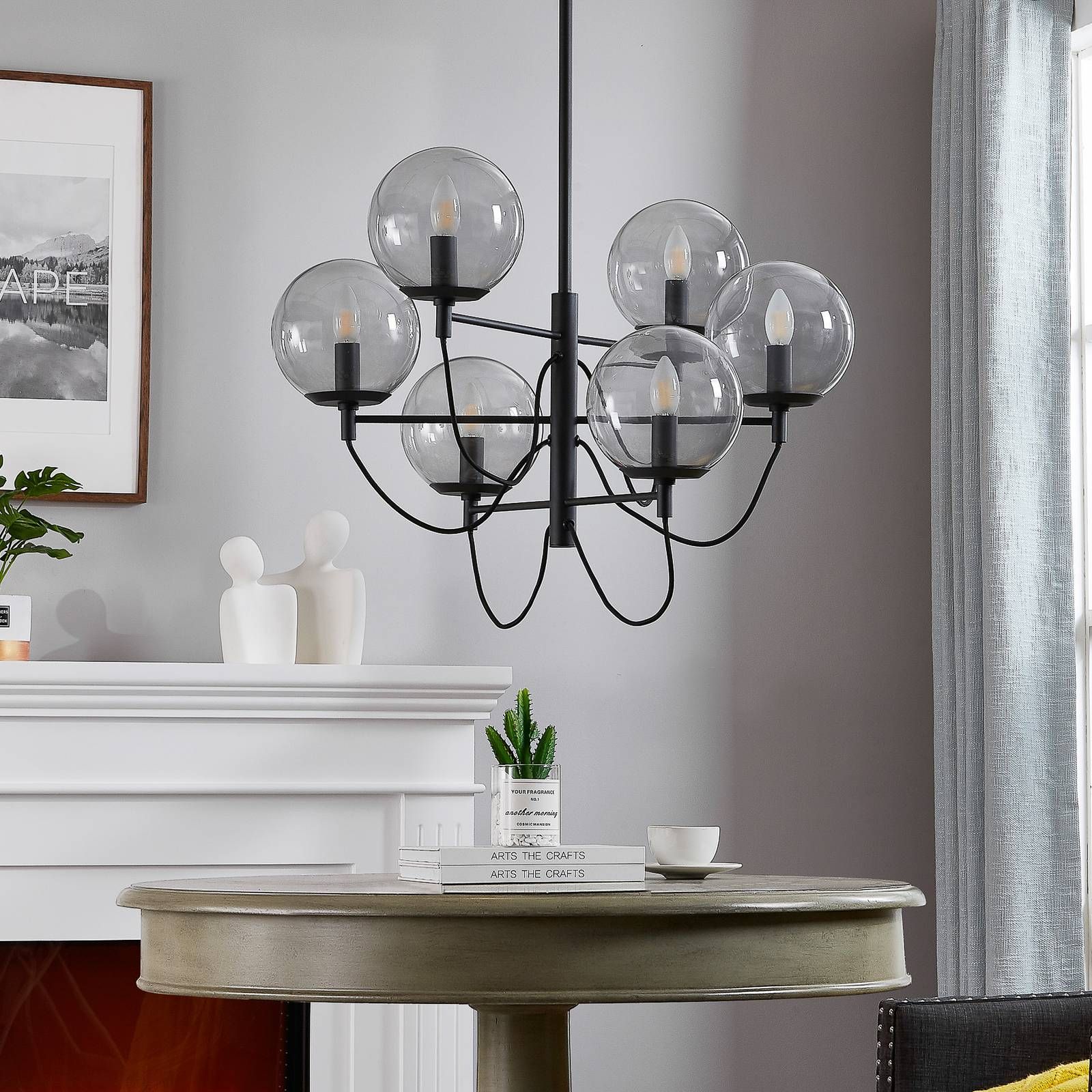 Lucande Sotiana závesná lampa, 6 gulí sklo, čierna, Obývacia izba / jedáleň, sklo, kov, E14, 40W