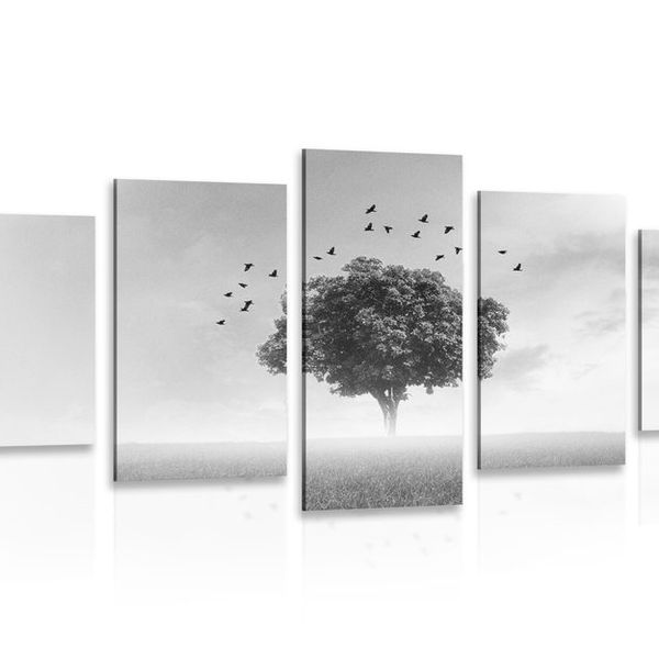 5-dielny obraz osamelý strom na lúke v čiernobielom prevedení - 200x100