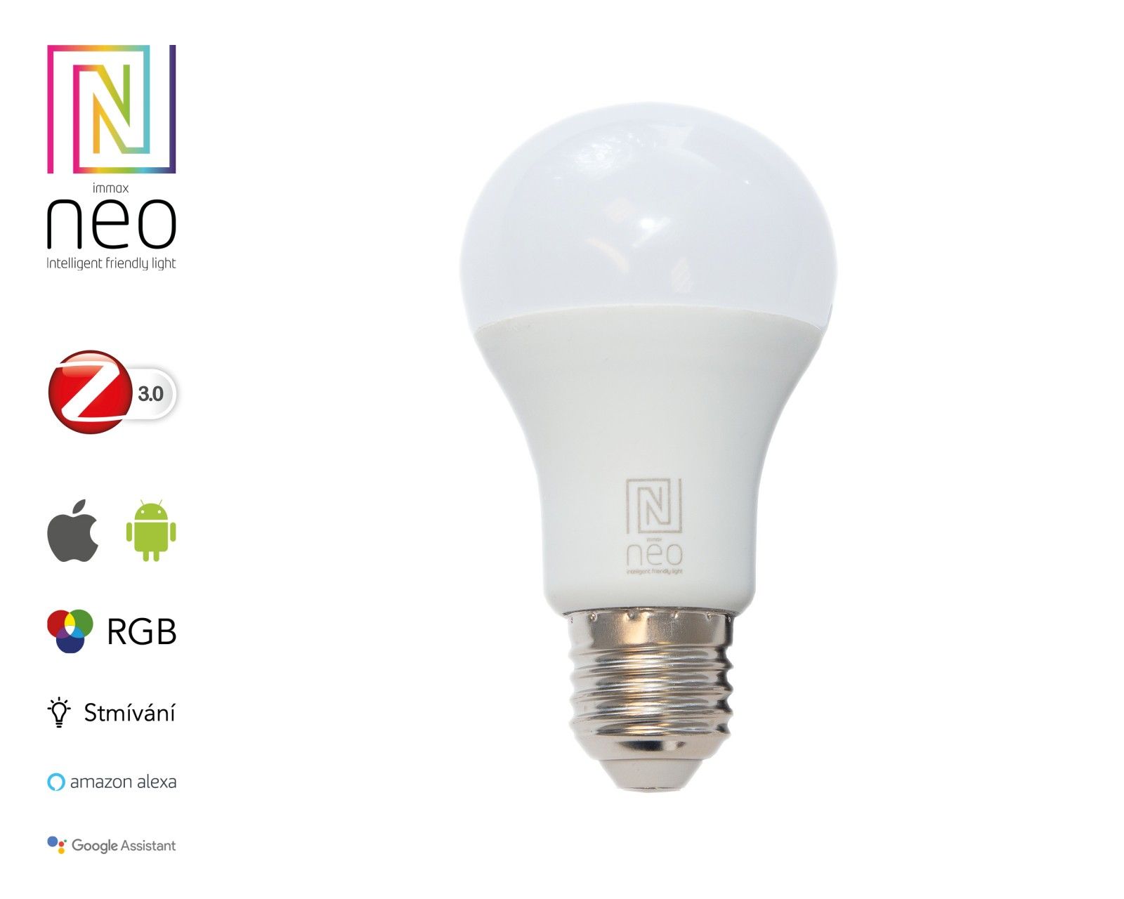 Immax 07115L NEO Smart žiarovka LED E27 9W RGBW- farebná aj teplá biela, stmievateľná, Zigbee 3.0