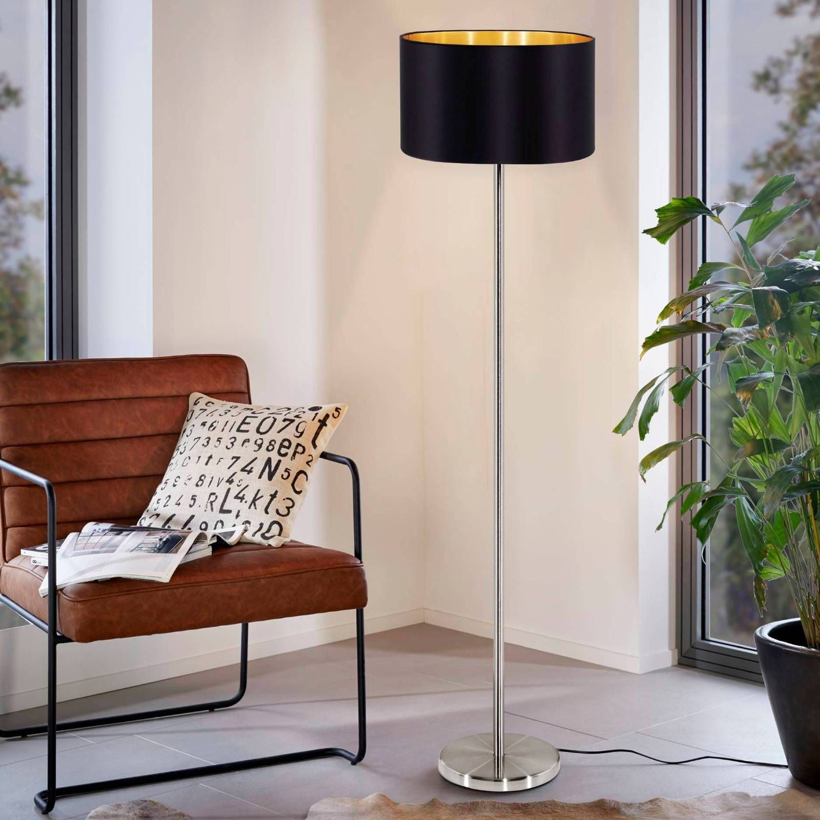 EGLO Vznešená textilná stojaca lampa Maserlo, Obývacia izba / jedáleň, oceľ, textil, E27, 60W, K: 151cm
