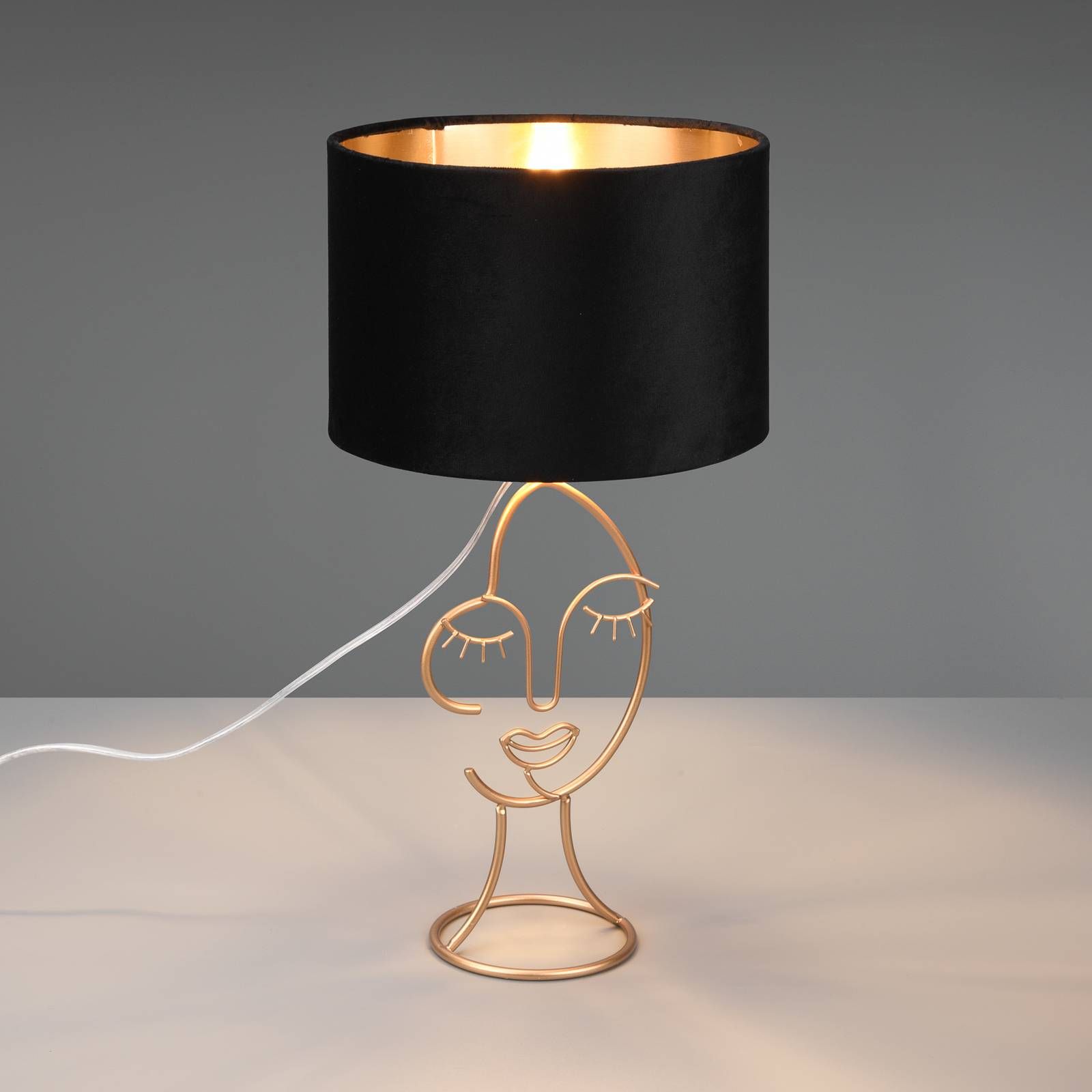 Reality Leuchten Stolová lampa Mary s dizajnom tváre, čierna/zlatá, Obývacia izba / jedáleň, kov, zamat, E27, 60W, K: 45.5cm