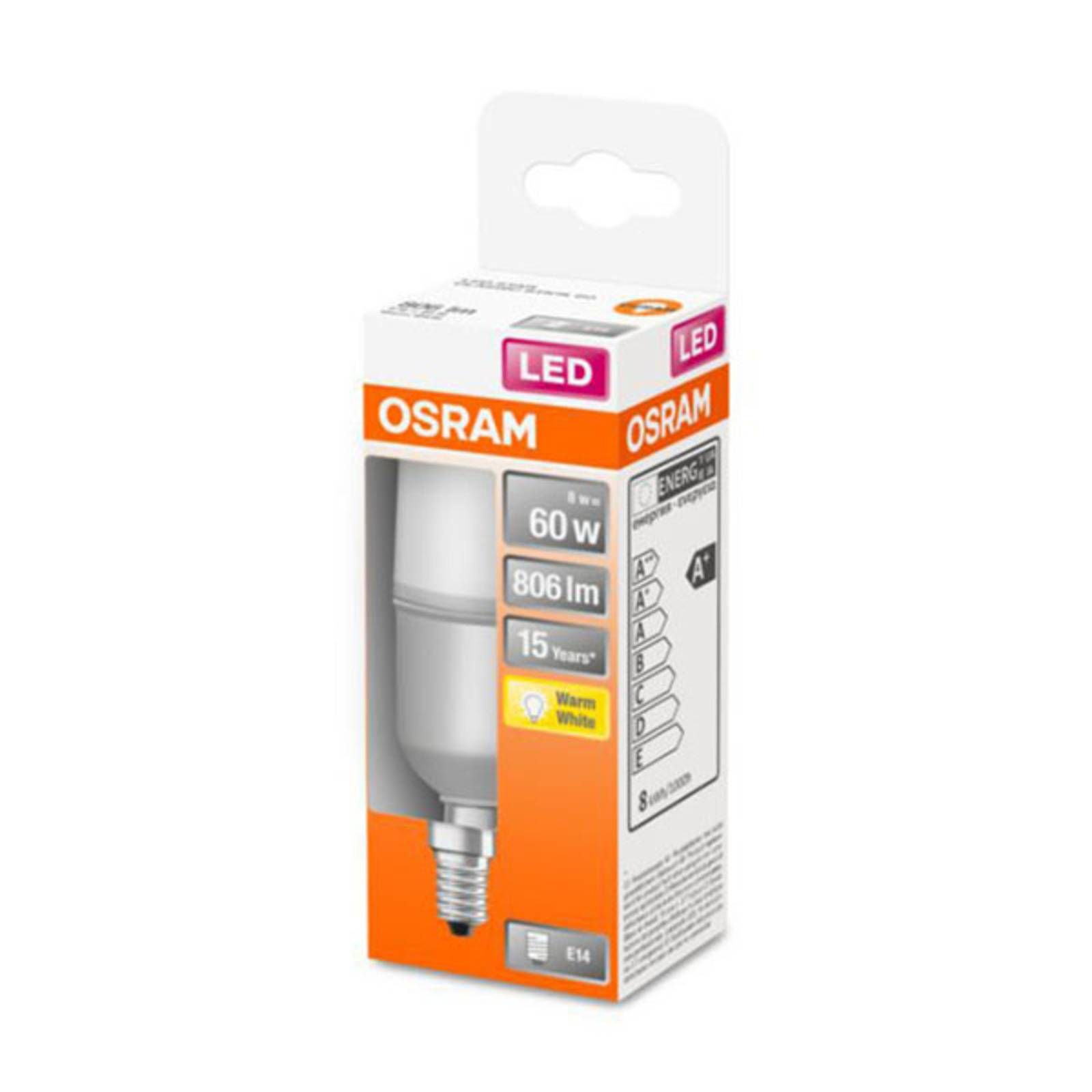 OSRAM LED žiarovka E14 Classic Stick 2.700K 8W, E14, 8W, Energialuokka: F, P: 11.5 cm