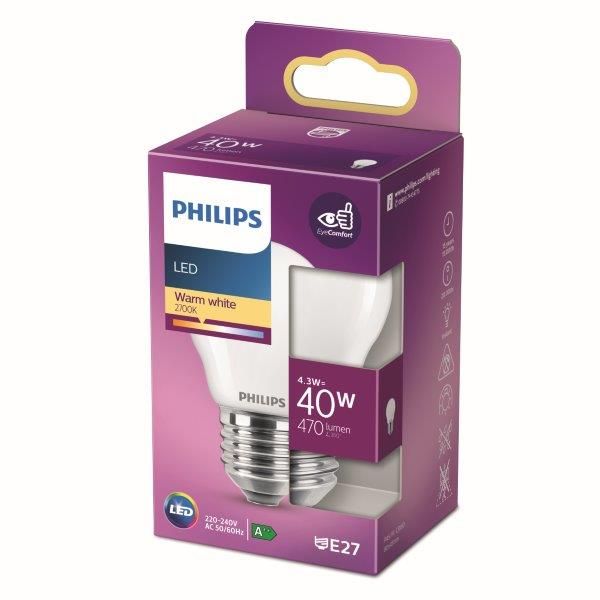 Philips 8718699763473 LED žiarovka 4,3W/40W 470lm P45 E27 2700K celosklenená kvapka