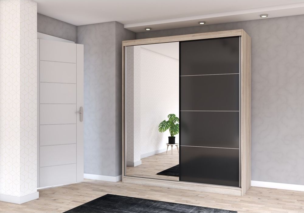 Mebli Idzczak Multi 31 s posuvnými dverami so zrkadlom 183 cm Sonoma/čierna + zrkadlo