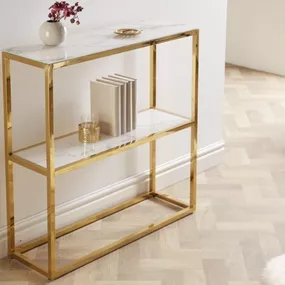 Estila Art deco konzolový stolík Gold Marbleux odbĺžnikový so zlatou lesklou konštrukciou a mramorovými poličkami 80cm