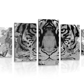 5-dielny obraz tigria hlava v čiernobielom prevedení