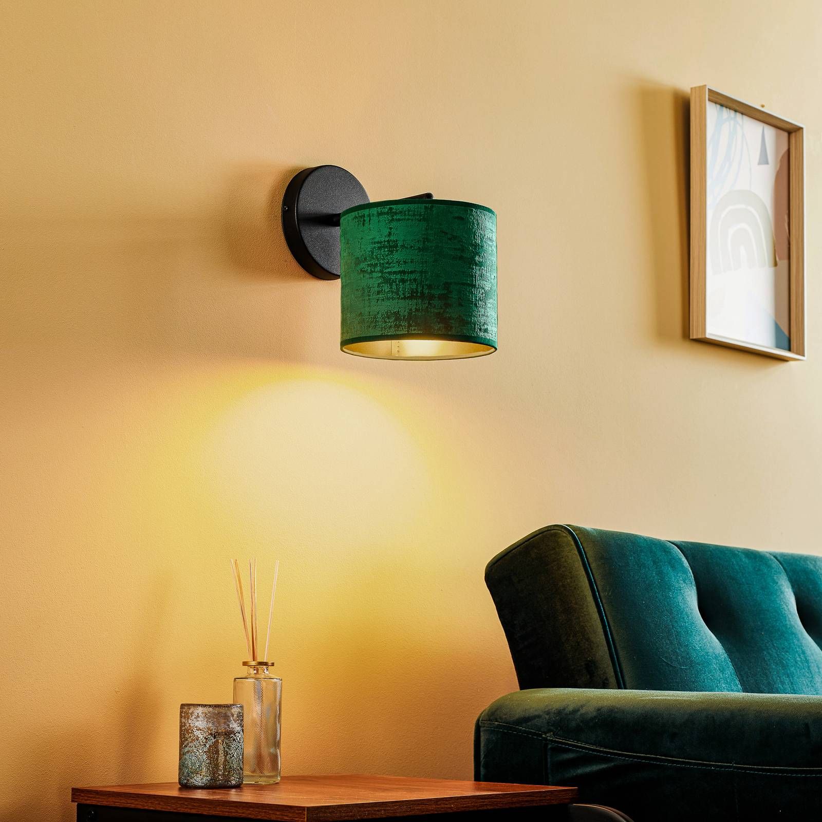 Euluna Nástenné svetlo Jari látkové tienidlo zelená-zlatá, Obývacia izba / jedáleň, látka, oceľ, E27, 60W, K: 16cm