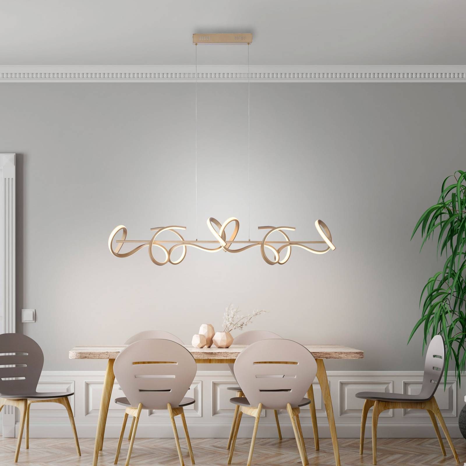 Leuchten Direkt LED závesné svietidlo Curls, matná mosadz, Obývacia izba / jedáleň, hliník, železo, plast, 10.2W, P: 99 cm, L: 21 cm