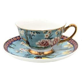 Modrá porcelánová šálka s tanierikom s kvetmi a Tukanom - 12*10*6 cm / Ø 15*2 cm / 200 ml