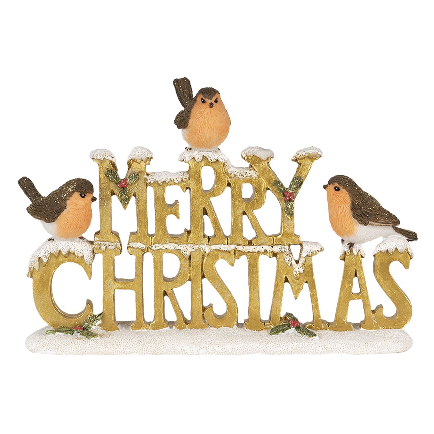 Zlatý dekoratívne nápis Merry Christmas s vtáčikmi - 21 * 4 * 13 cm