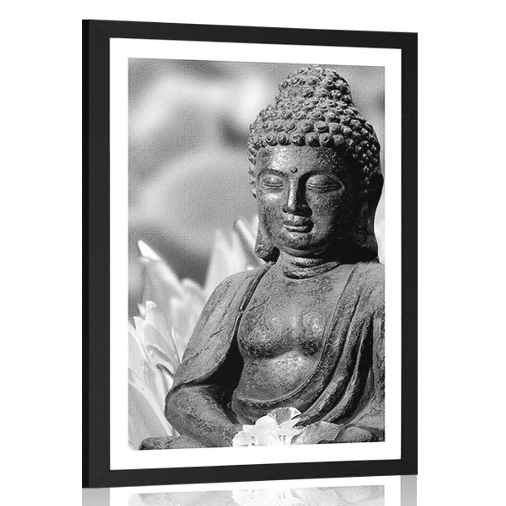 Plagát s paspartou pokojný Budha v čiernobielom prevedení - 30x45 black