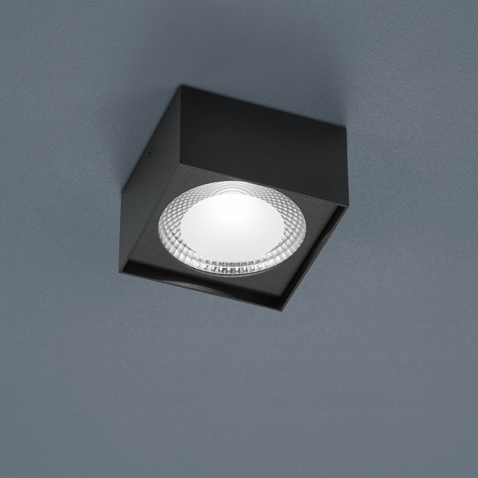 Helestra Kari stropné LED svietidlo hranaté čierna, Obývacia izba / jedáleň, oceľ, sklo čiastočne satinované, 12W, P: 12 cm, L: 12 cm, K: 7cm