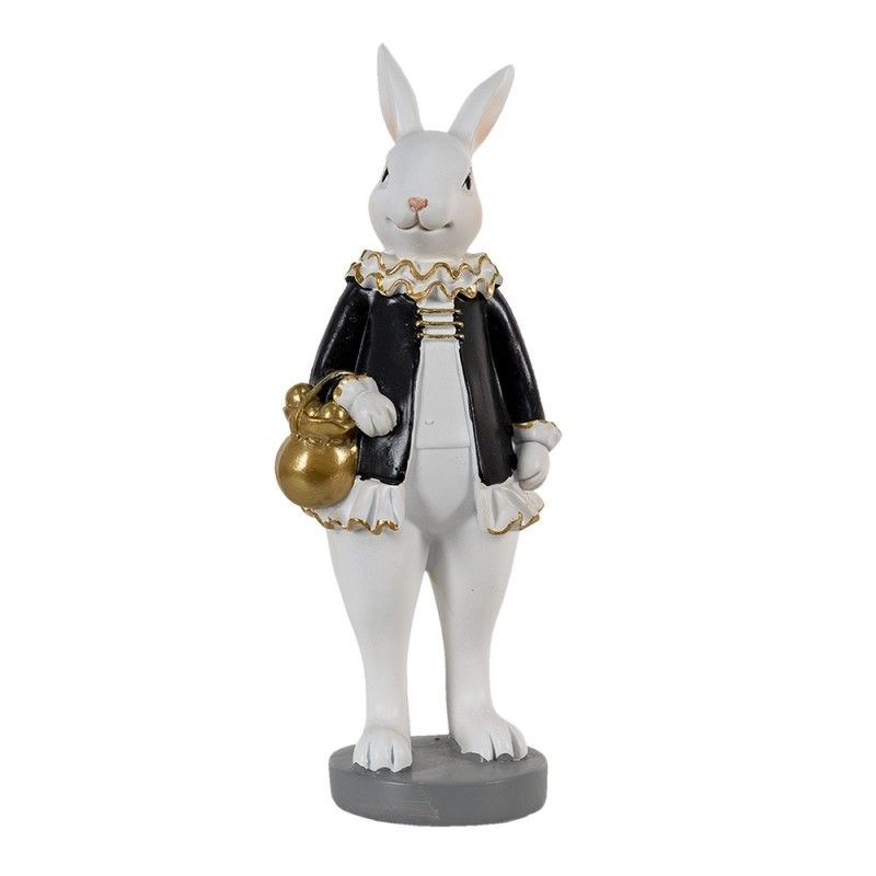 Dekorácia králik v čiernom kabátiku držiaci zlatý mešec - 7*7*20 cm