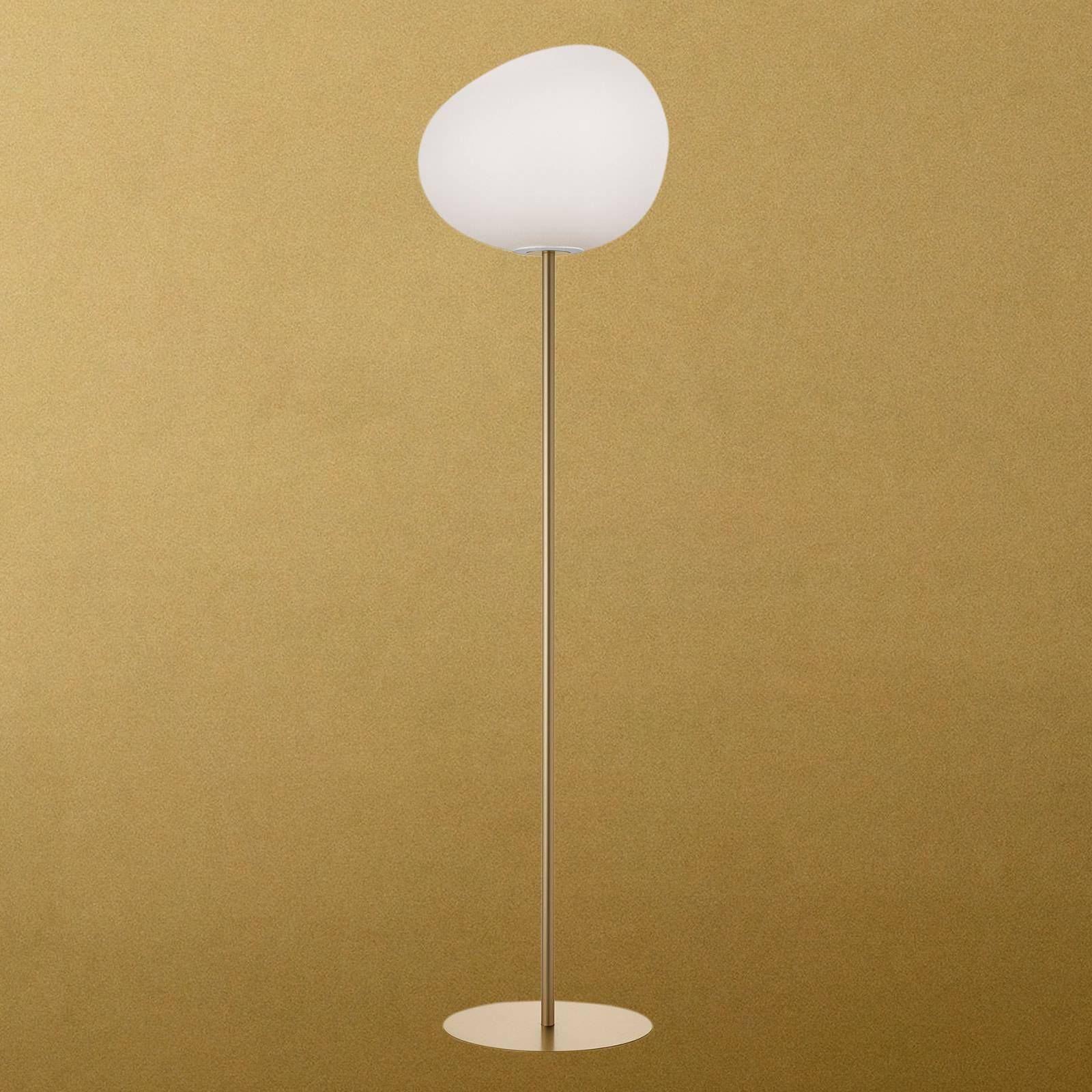 Foscarini Gregg grande stojaca lampa, 186 cm zlatá, Obývacia izba / jedáleň, sklo ručne fúkané, kov, E27, 57W, K: 186cm