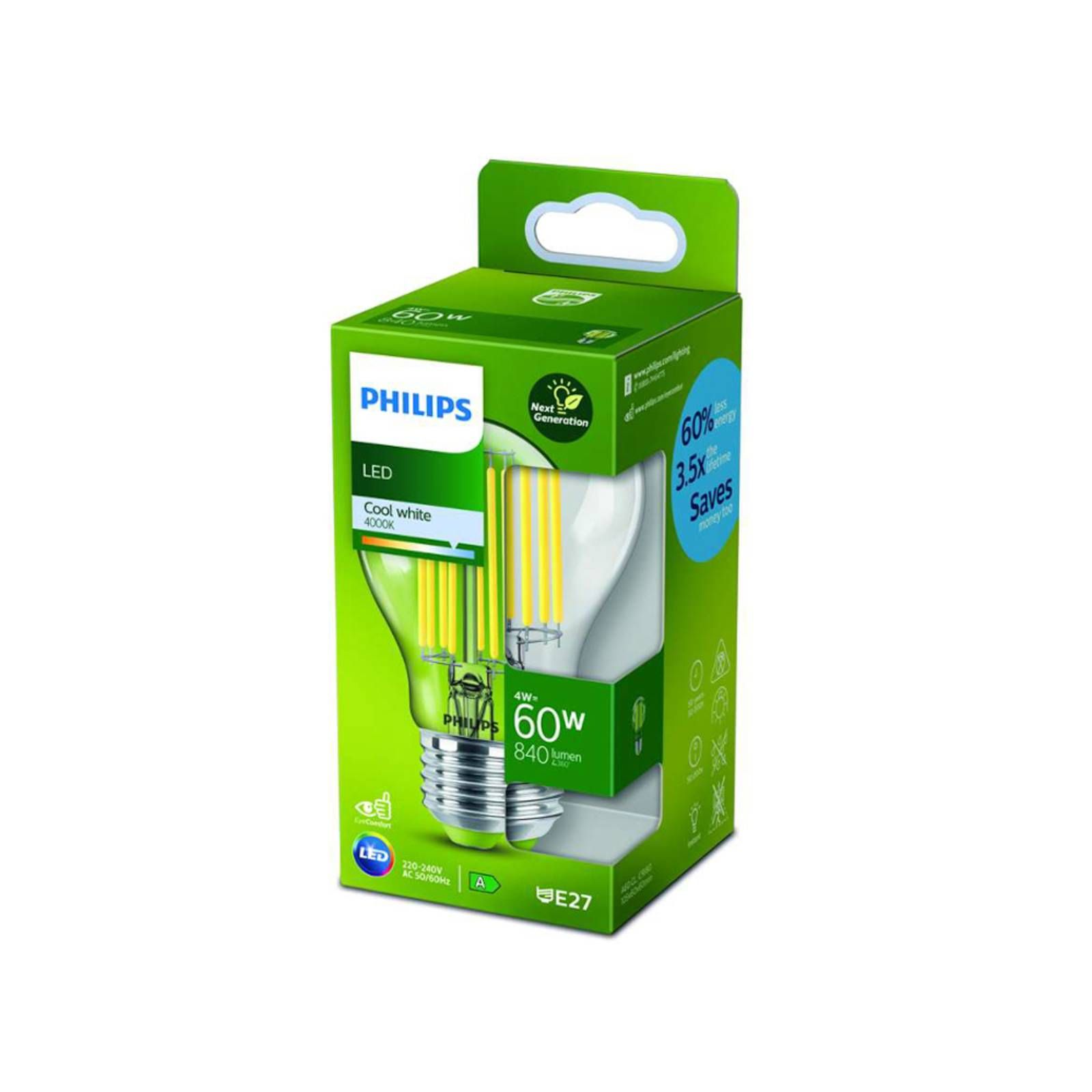 Philips LED žiarovka E27 4W 4000K filament 840 lm, sklo, E27, 4W, Energialuokka: A, P: 10.6 cm