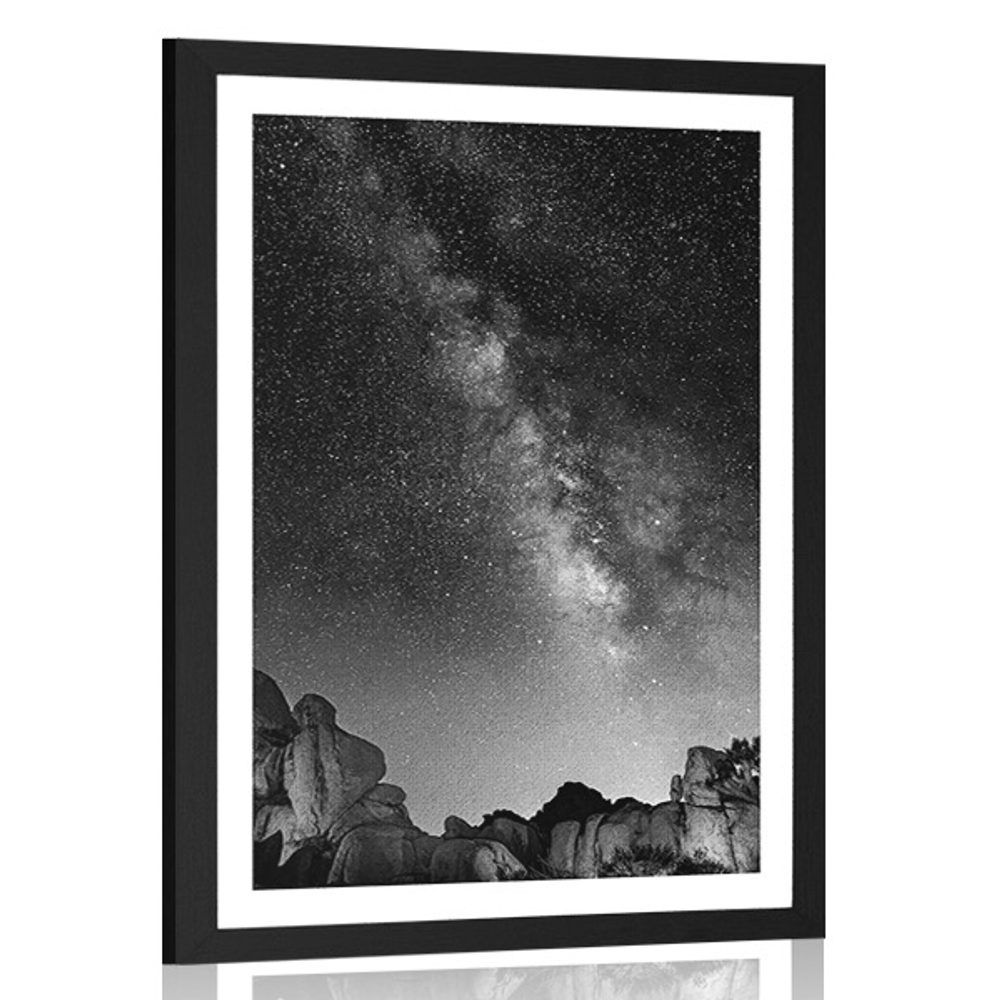 Plagát s paspartou hviezdna obloha nad skalami v čiernobielom prevedení - 60x90 black