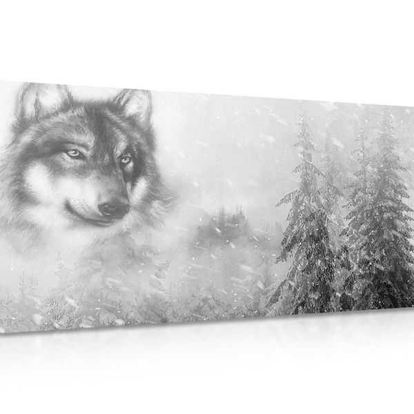 Obraz vlk v zasneženej krajine v čiernobielom prevedení - 100x50