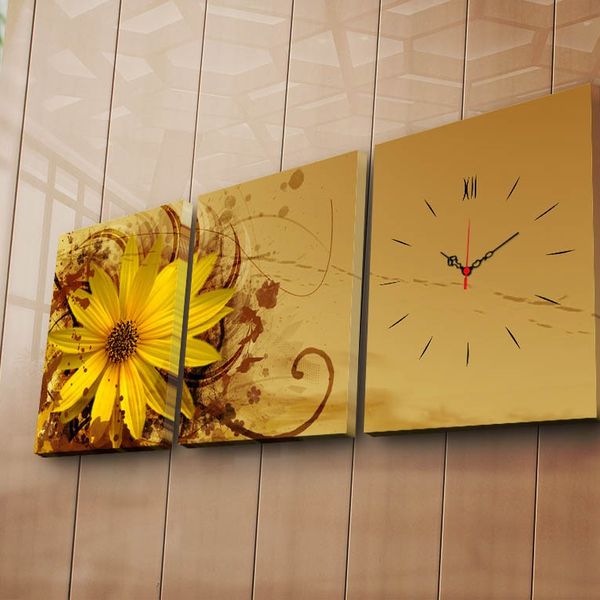 3 dielne dekoratívne nástenné hodiny Klota žlto-hnedé