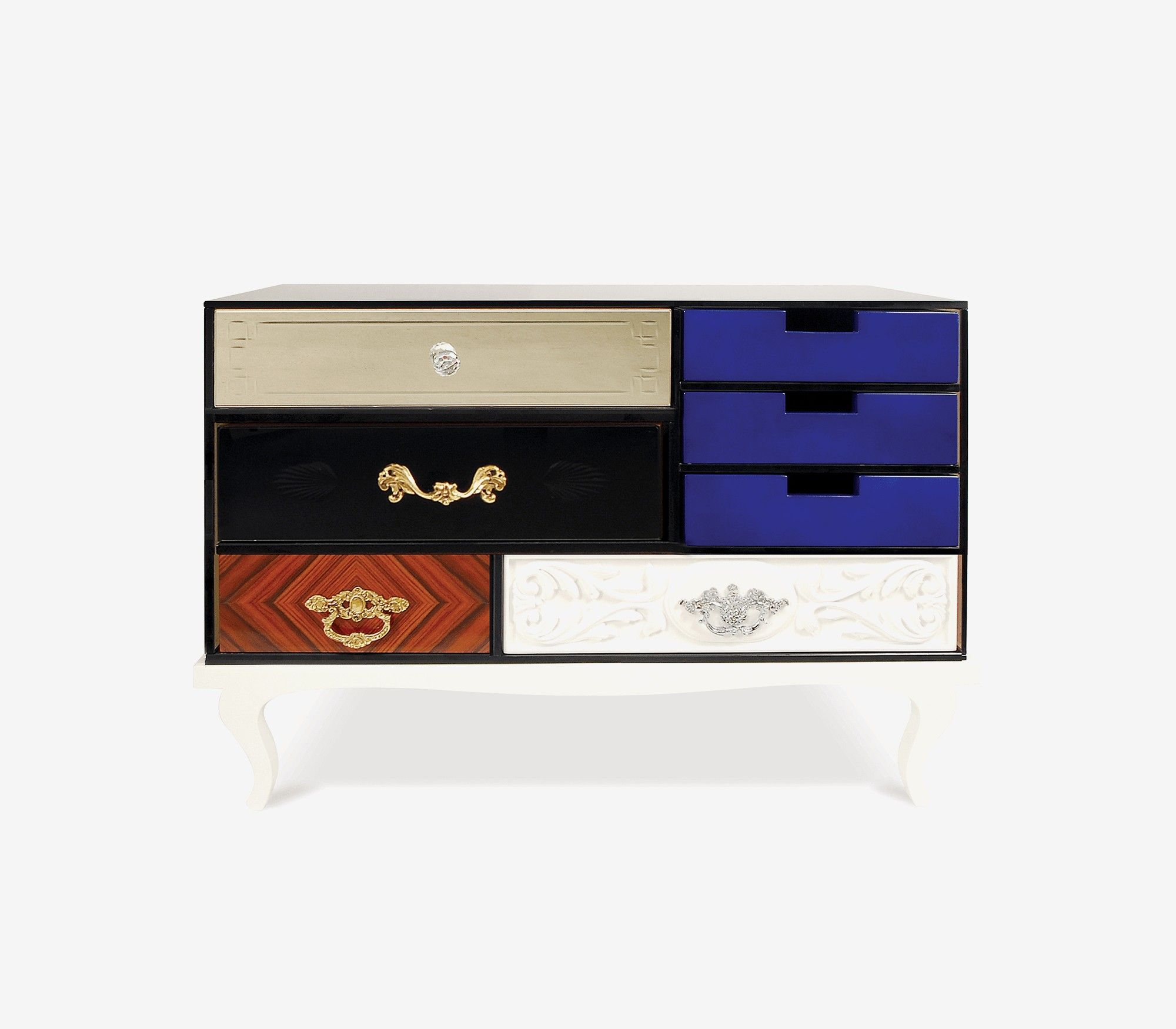 Estila Luxusný moderný nočný stolík Mondrian s rámom z bieleho lakovaného masívu a rôznofarebnými zásuvkami 85cm