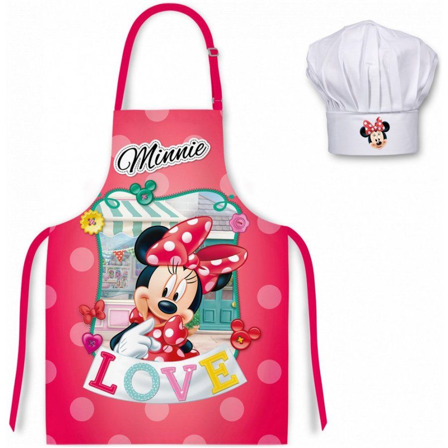 EUROSWAN · Detská / dievčenská zástera s kuchárskou čiapkou Minnie Mouse - Disney - motív LOVE - pre deti 3 - 8 rokov